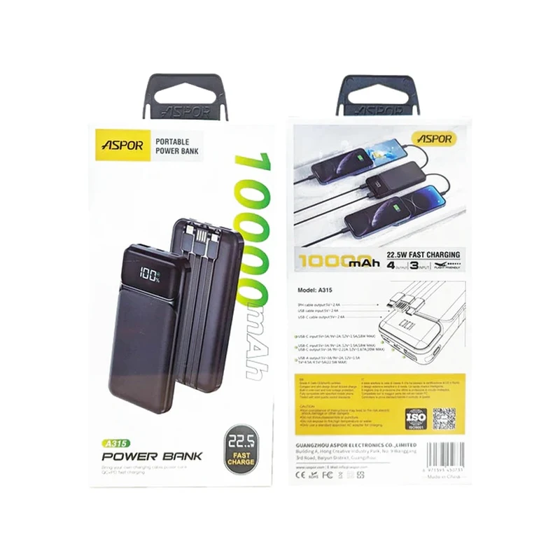 ASPOR A315 10000mAh 22.5W High-Speed Power Bank with Built-in Cable