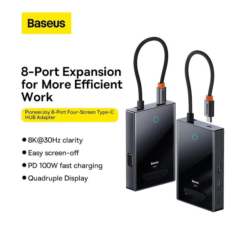 Baseus FOCUS SERIES 8-Port Four-Screen Type-C HUB Adapter Gray（Type-C to HDMI4K@60Hz*1+HDMI4K@30Hz*1+DP8K@30Hz*1+VGA+USB3.0*2+Type-C（Data+PDout）*1+PD*1）WKYY030413
