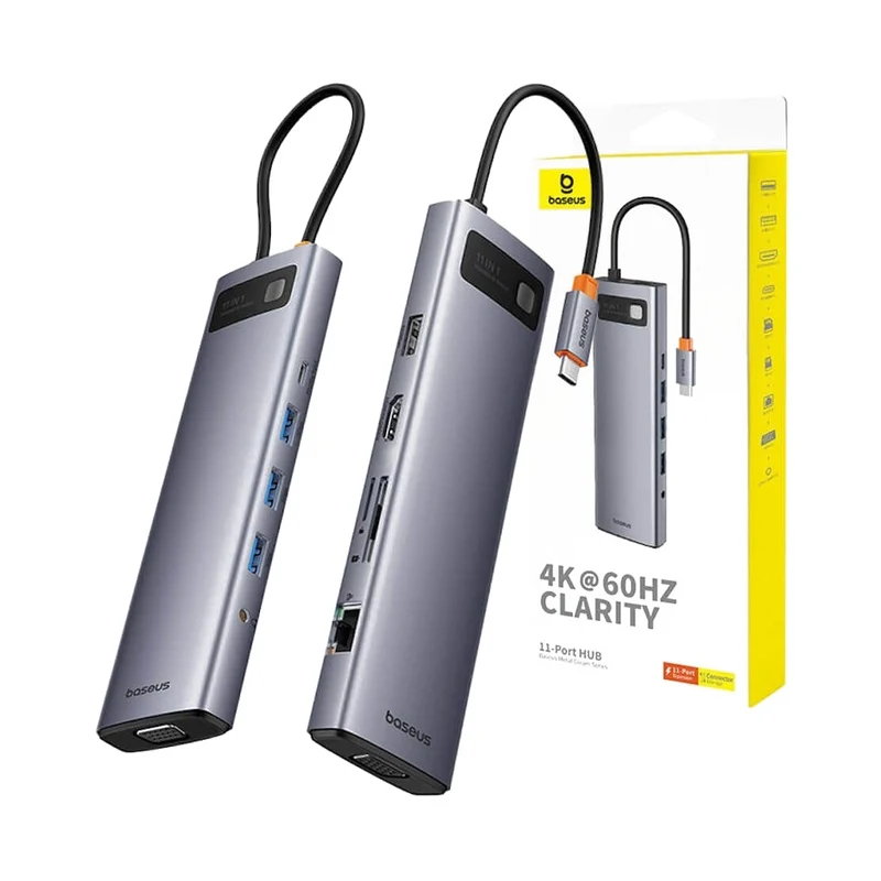Baseus Metal Gleam Series 11-Port HUB Space Grey (Type-C to HDMI4K@60Hz*1+VGA*1+USB3.0*3+USB2.0*1+PD*1+RJ45*1+SD/TF*1+3.5mm*1)