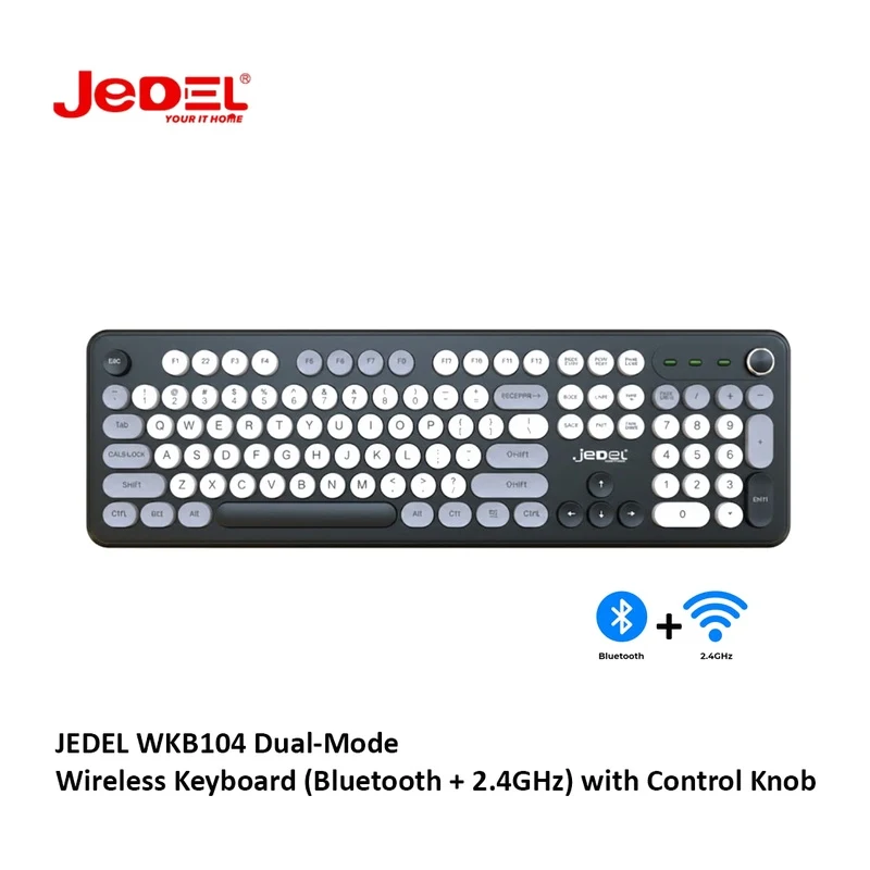 JEDEL WKB104 Dual-Mode Wireless Keyboard (Bluetooth + 2.4GHz) with Control Knob