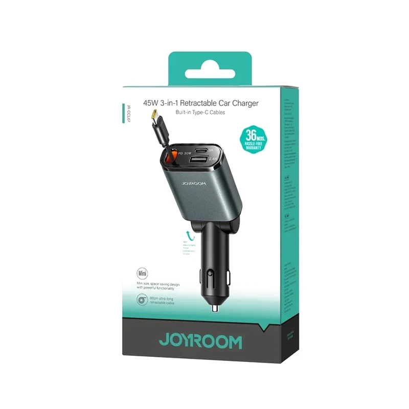 JOYROOM CCL07 45W Car Charger 3 in 1 with Built-In Retractable Type-C Cable Fast Charging for Multiple Devices