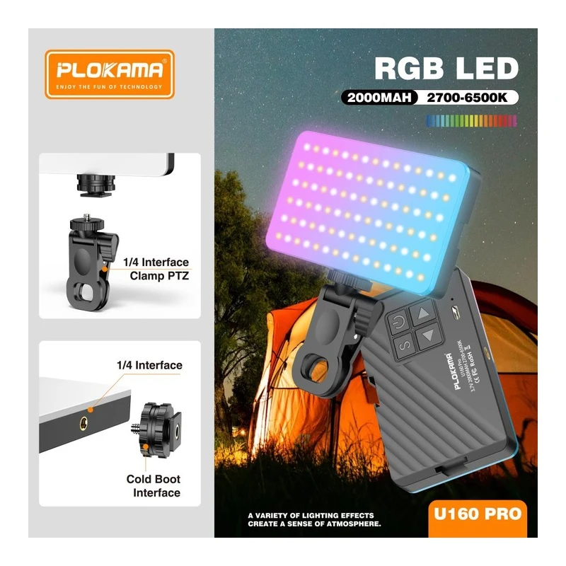 Plokama U160 PRO RGB Portable LED Fill Light (Rechargeable) 2700-6500K 2000mAh Battery - alternate view