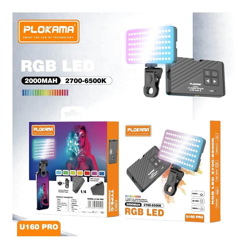 Plokama U160 PRO RGB Portable LED Fill Light (Rechargeable) 2700-6500K 2000mAh Battery