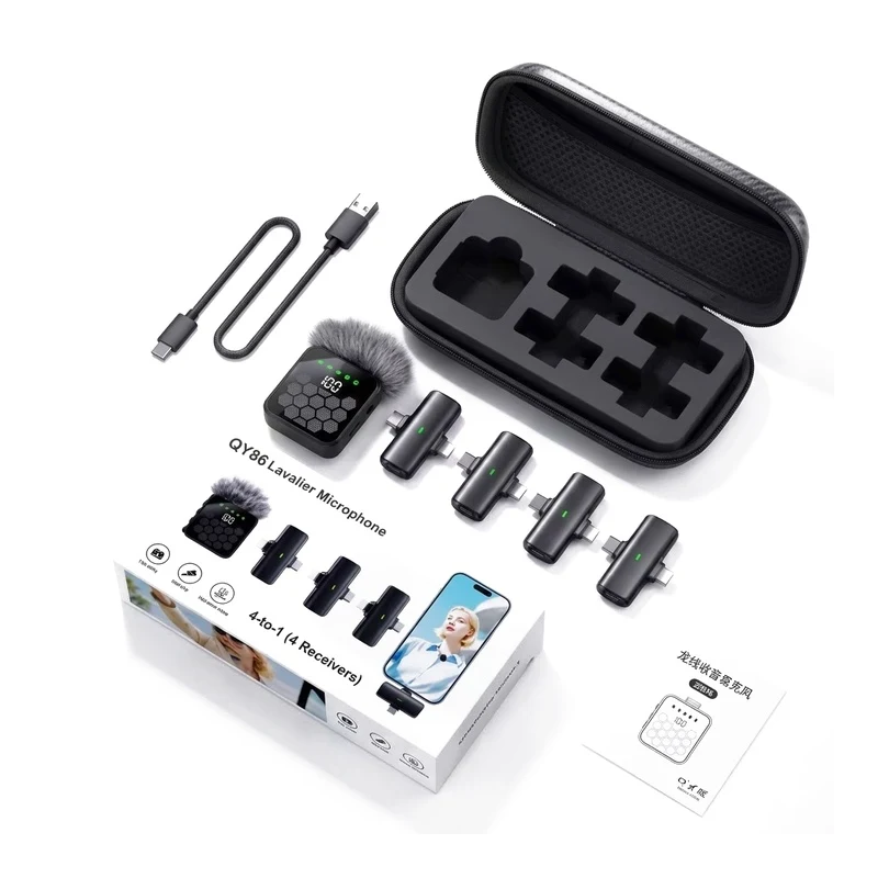 QY66 Wireless Lavalier Microphone with 4 Receivers Noise-Canceling Technology Type C & Lightning Connector - alternate view