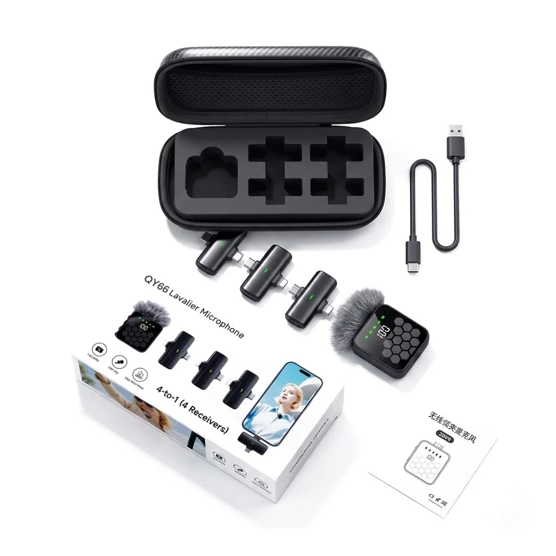 QY66 Wireless Lavalier Microphone with 4 Receivers Noise-Canceling Technology Type C & Lightning Connector