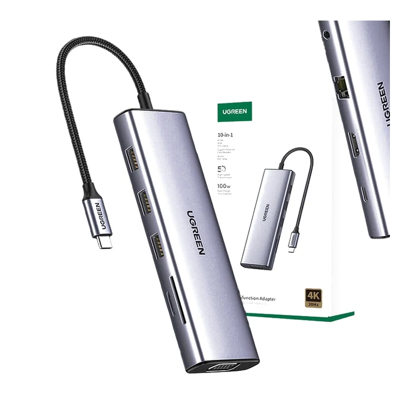 UGREEN CM498 10-in-1 Adapter USB Hub to 3x USB-A 3.0, HDMI, VGA, RJ45, SD/TF, PD Converter 15601