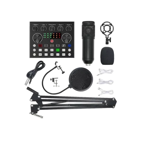 V10 BM-800 Podcast Condenser Microphone Set with Live Sound Card, Rechargeable 12 Kinds of Auxiliary Background for Karaoke Singing, Youtube Recording Mic
