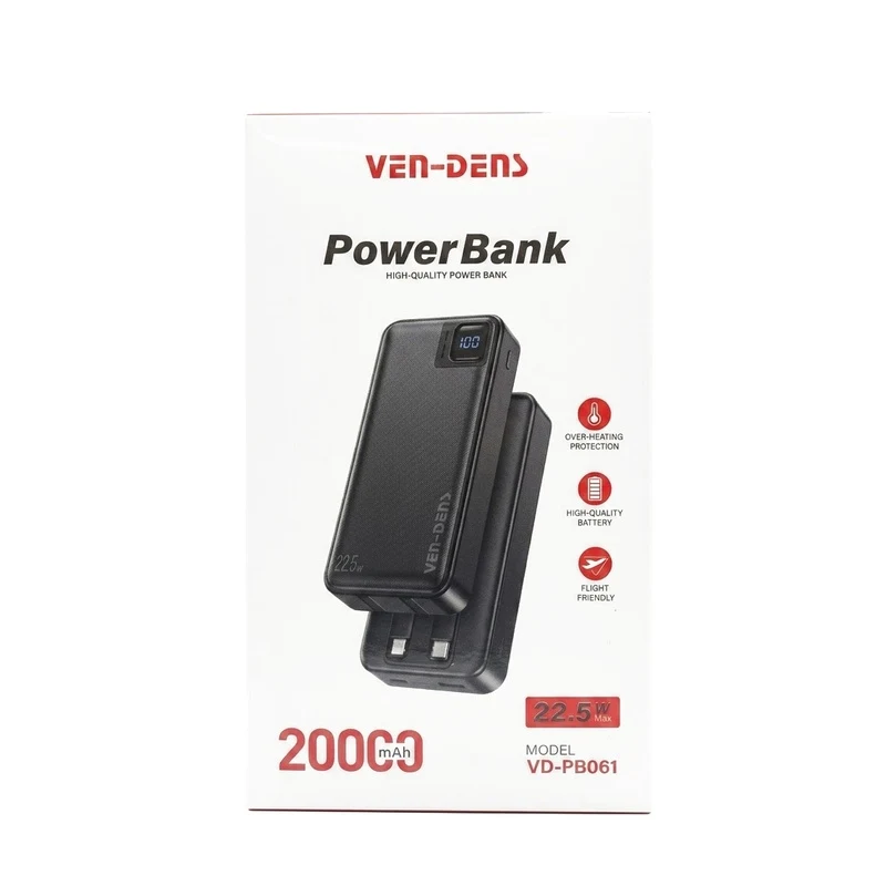 Ven Dens VD-PB061 Black 20000mAh 22.5W Power Bank with LED light with Built-In Cables
