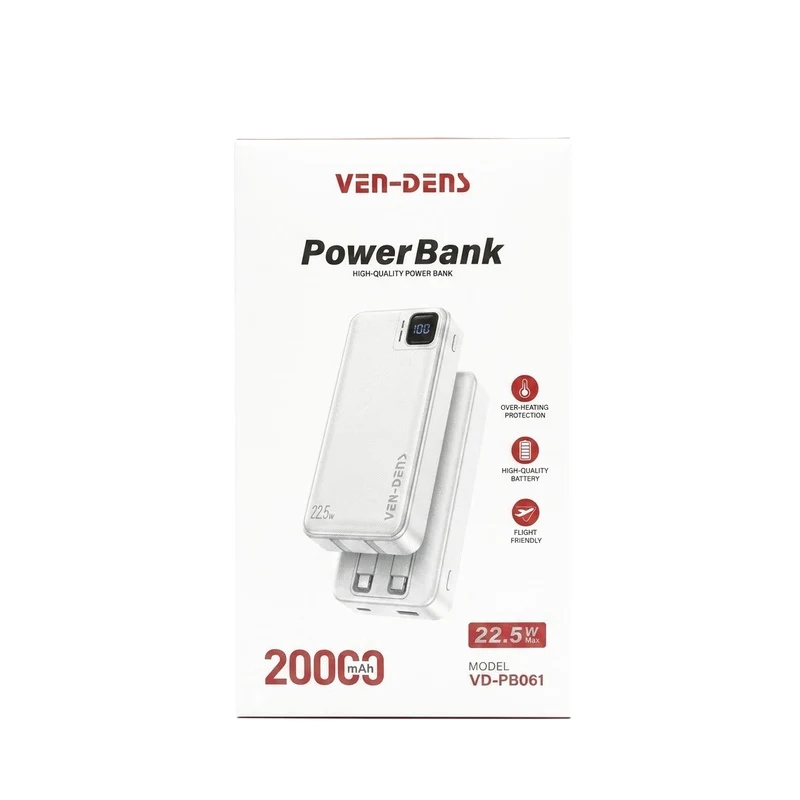 Ven Dens VD-PB061 White 20000mAh 22.5W Power Bank with LED light with Built-In Cables